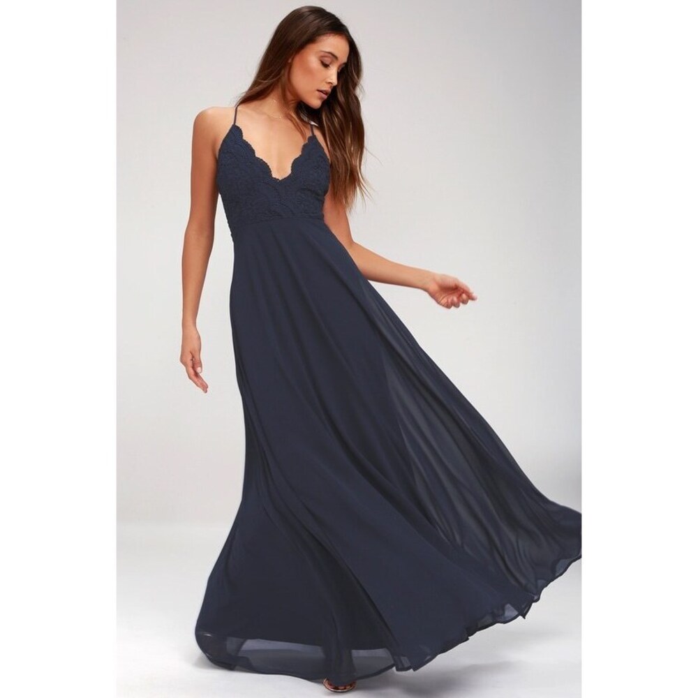 Lulus Madalyn Navy Blue Lace Maxi Dress - Size XS